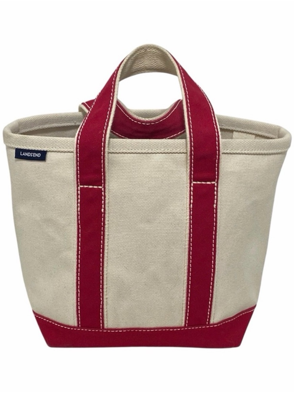 Lands’ End Small Heavy Duty Canvas White & Red Boat Tote Bucket Bag - Like New